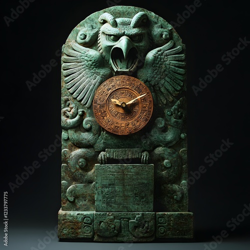 Wallpaper Mural Striking Aztec grandfather clock carved from ancient stone is decorated with eagle and jaguar motifs The golden calendar face features serpents as hands while the jade pendulum hums with energy Torontodigital.ca