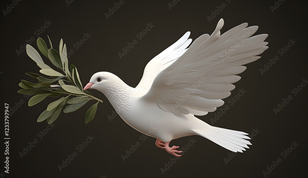 Fototapeta premium A white dove with an olive branch in its beak, flying against a black background. 3D effect, illustration style, simple, vector art, symmetrical composition, high resolution, high quality, dark 