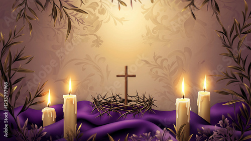 Holy Week banner with soft gold and cream gradient background, crown of thorns iconography on purple cloth with small cross in the center