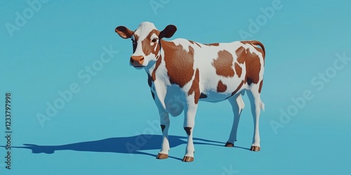 Realistic 3D Cow Model with Brown and White Spots on Blue Background, Ideal for Animation and Graphic Design Projects photo