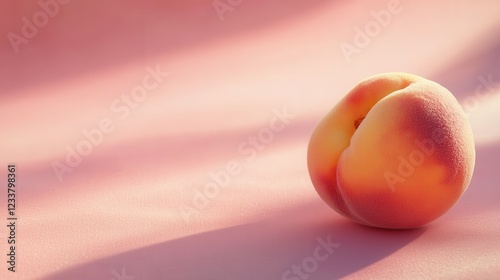 A single ripe peach fruit is set against a minimal peach fuzz color background, emphasizing its natural beauty and vibrant hue. photo