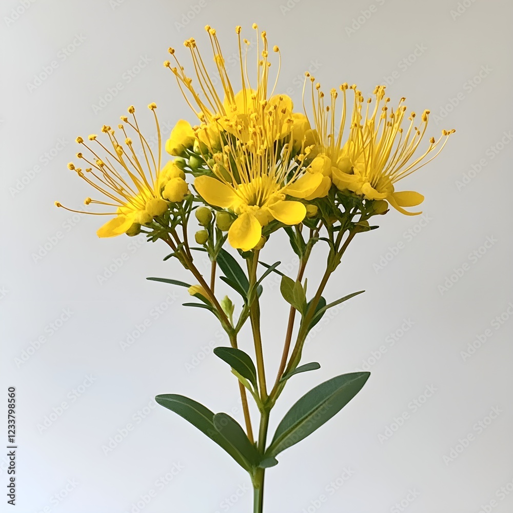 Fototapeta premium A yellow flower with long stamens, a white background, and no shadows. The top of the stem is slightly curved upwards, and there's some green at its base. It has about five petals that resemble 