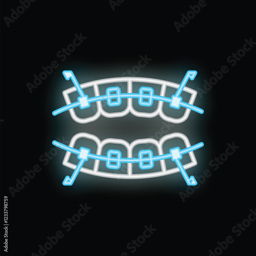 Neon sign depicting teeth wearing braces, symbolizing orthodontic treatment and dental care