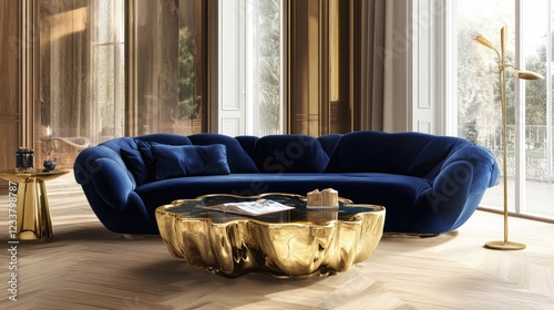 luxurious and contemporary living room decor Blue navy sofa, a gold table, and a gold lamp on a light-colored wall and wood floor make up the living coral d cor concept. photo