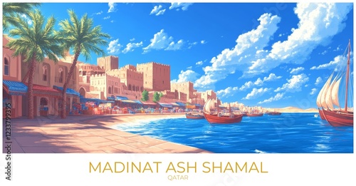 Madinat ash shamal Qatar Travel Poster Flat Illustration Print Decor Gift Canvas Wall Art photo