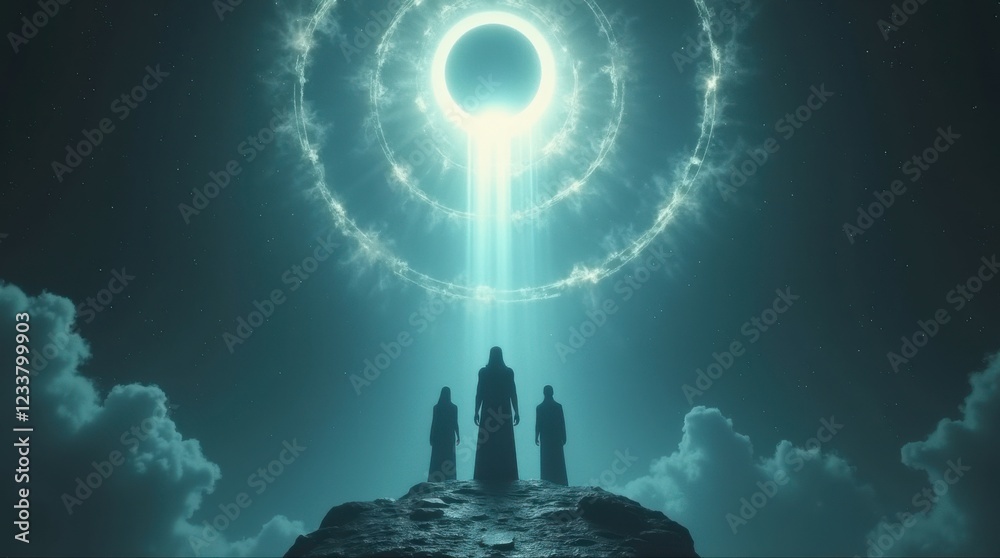 Obraz premium people standing in front of Eclipse patrol the tower and the divine light glowing like blue circle divine light