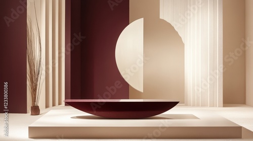 A sleek and minimal product studio setup featuring a geometrical rectangular podium in light maroon and dark beige colors.