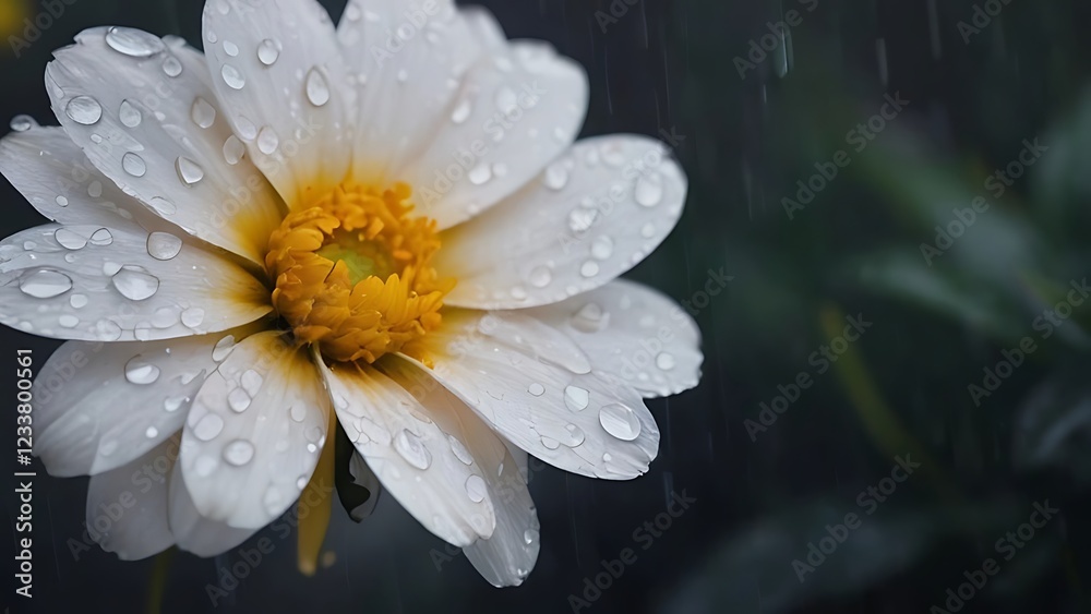 rain drops cover a flower in the middle of the garden area as it rains down rain drops cover a flower in the middle of the garden area as it rains down
