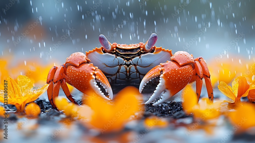 Striking image of a red crab captured in high resolution with intricate textures illuminated softly surrounded by a blurred grey backdrop and scattered yellow flower petals adding a whimsical touch Striking image of a red crab captured in high resolution with intricate textures illuminated softly surrounded by a blurred grey backdrop and scattered yellow flower petals adding a whimsical touch