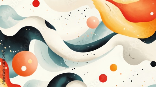 Colorful abstract art with curved shapes and floating spheres