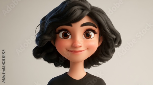 A slightly smiling, friendly cartoon character of a young adult woman.