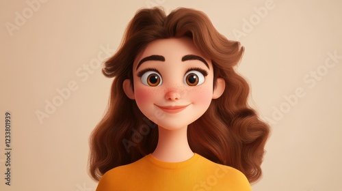 A slightly smiling, friendly cartoon character of a young adult woman. photo