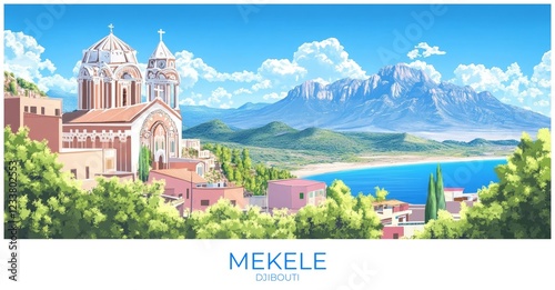 Mekele Djibouti Travel Poster Flat Illustration Print Decor Gift Canvas Wall Art photo