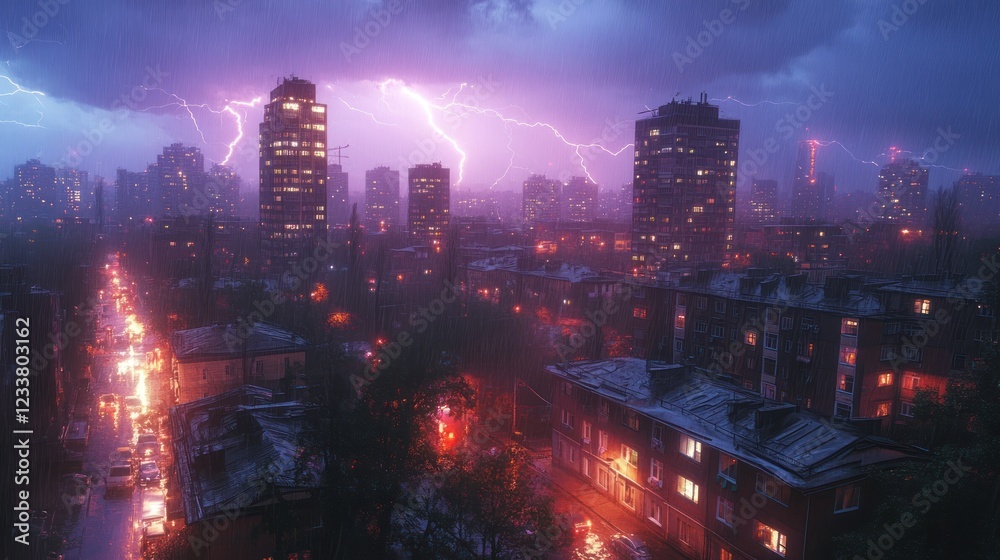 Fototapeta premium Stormy City Nightscape: A Dramatic View of City Under Thunderstorm