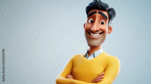 A smiling, funny Indian cartoon character, an adult man in a yellow sweater, is depicted in a 3D style design against a light background. photo
