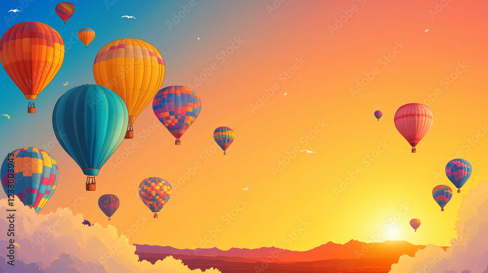Naklejka premium Albuquerque International Balloon Fiesta banner with bright sky blue and golden orange gradient background, colorful hot air balloons in various patterns floating