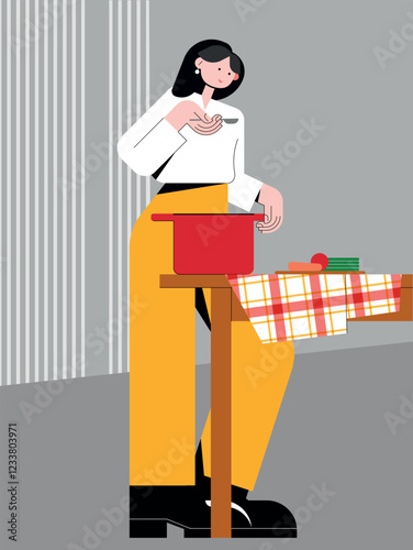 Modern woman cooking in her kitchen. Cute lady cartoon character. Vector illustration.