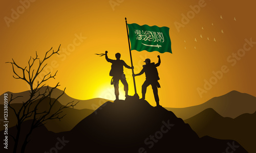 Saudi Arabia flag, silhouette of two climbers holding a flag at sunset over the mountain