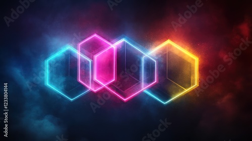 Glowing neon hexagons in smoky space, futuristic background, digital art