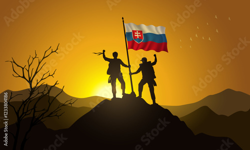 Slovakia flag, silhouette of two climbers holding a flag at sunset over the mountain
