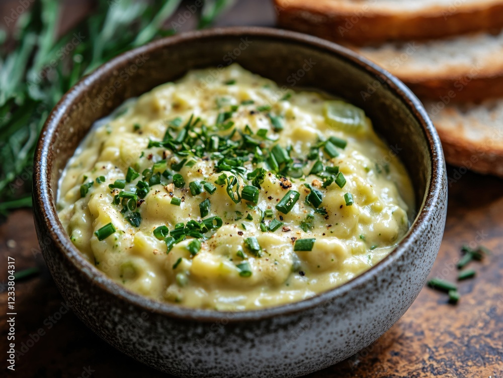 Creamy potato salad with chives in a rustic bowl served with toasted bread on wooden surface Creamy potato salad with chives in a rustic bowl served with toasted bread on wooden surface