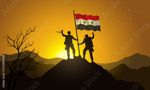 Syria flag, silhouette of two climbers holding a flag at sunset over the mountain