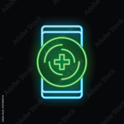 Neon green medical app icon glowing on smartphone screen on black background