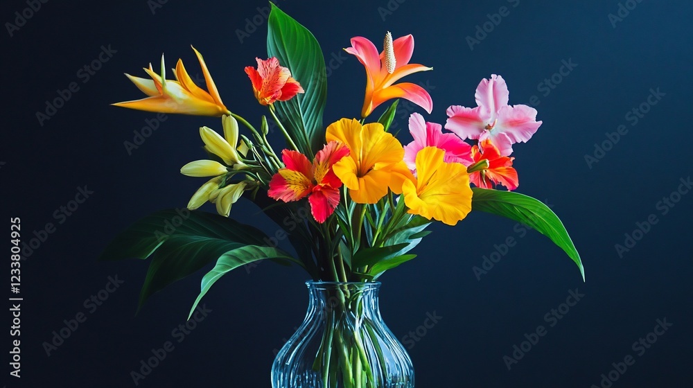 Obraz premium A vibrant and colorful display of diverse flowers arranged in a glass vase against a dark background