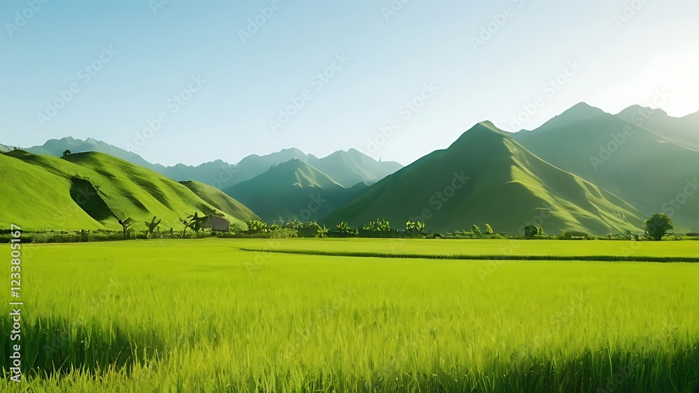 a green field with mountains in the background a green field with mountains in the background