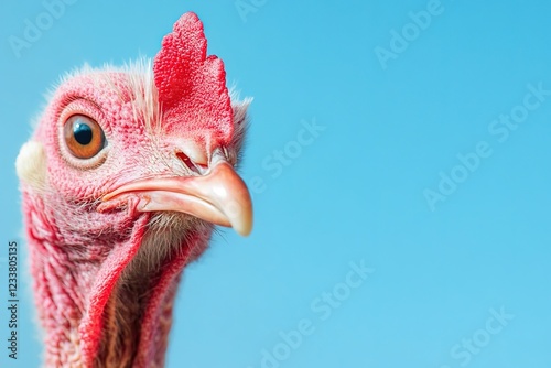 A rooster with a red head and a red beak, with ample copy space for text.