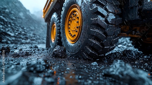 Mining truck on muddy road in quarry.