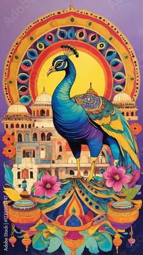 A vibrant, colorful pop art illustration of India, featuring a heritage city, a peacock, temple architecture, and a depiction of a god. A modern, artistic take on traditional Indian culture .