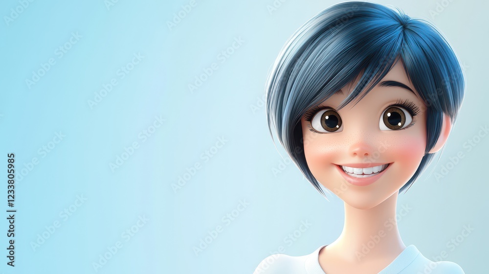 Fototapeta premium A smiling, pretty cartoon character of a young adult woman with a short haircut is depicted in 3D style against a light background.