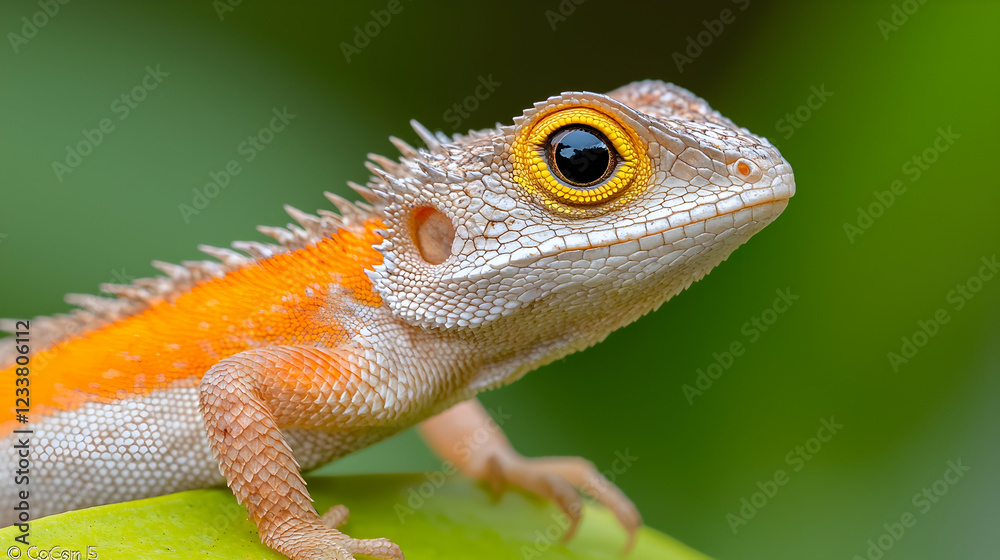 Obraz premium Orange lizard portrait, tropical leaf, green background, wildlife