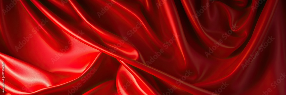Obraz premium Red silk satin. Curtain. Luxury background for design. Shiny fabric. Wavy folds. Christmas, Valentine, Valentine's day, anniversary, awarding, festive. Web banner. Wide. Panoramic.