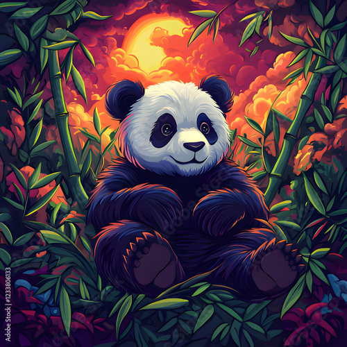 artwork depicting a panda sitting among bamboo during a vibrant sunset in a lush forest setting. Generative AI photo