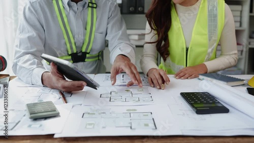 Close up of hands working brainstorming and measuring for cost estimating on paperworks and floor plan drawings about design architectural and engineering for houses and buildings.
