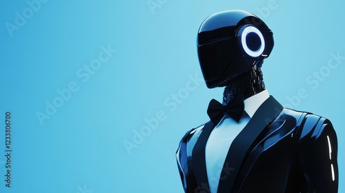 A sophisticated humanoid robot is elegantly dressed in a formal black tuxedo suit, set against a minimal blue banner background. photo