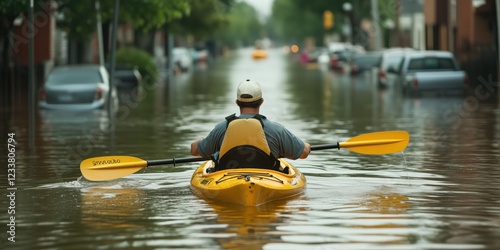 Kayaker navigating flooded urban street in yellow kayak, surrounded by submerged cars and buildings photo