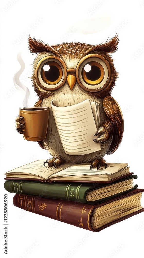 An Owl Scholar Enjoys Coffee and Reads Books An Owl Scholar Enjoys Coffee and Reads Books