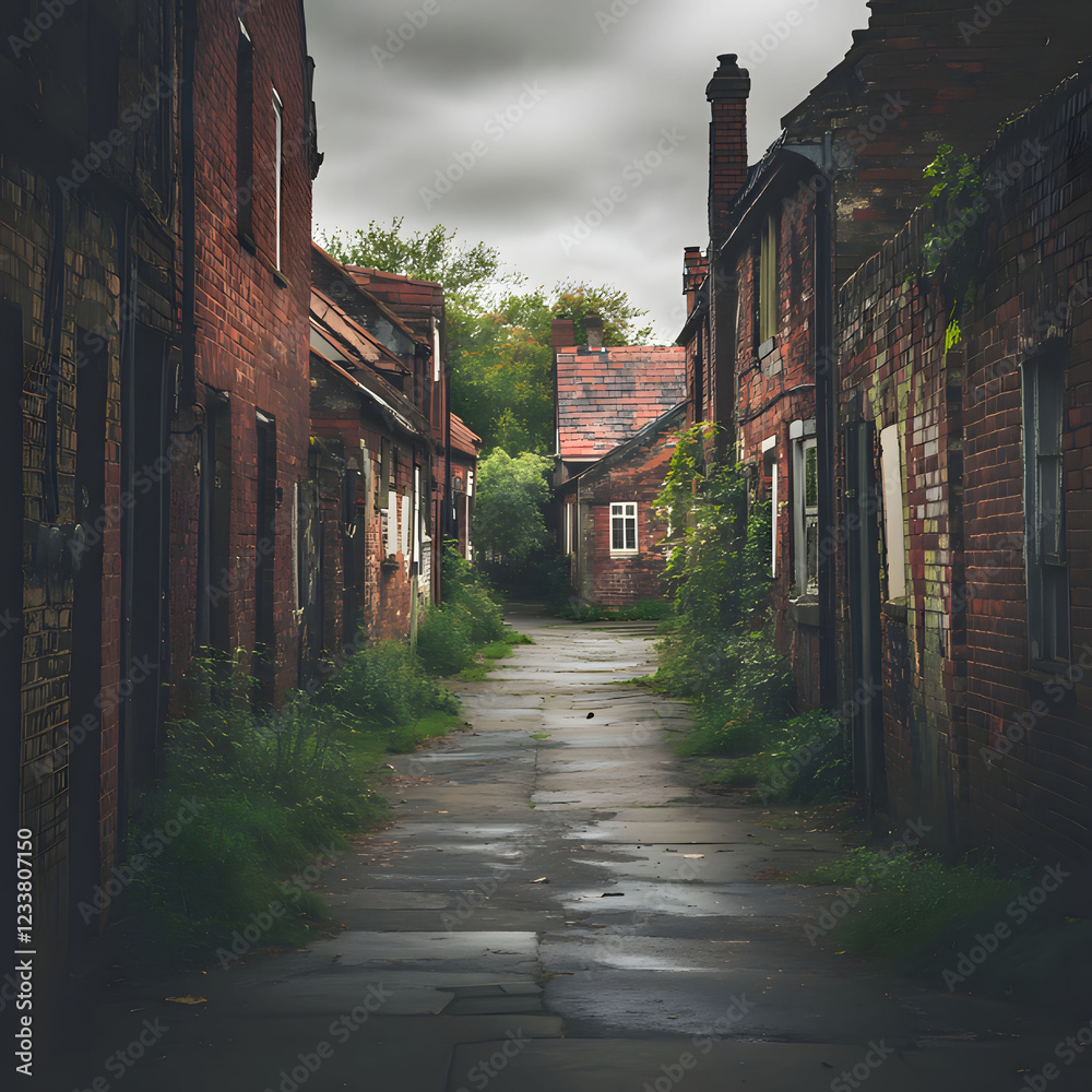 Fototapeta premium Quiet alleyway in an old brick neighborhood showcases overgrown vegetation and gloomy skies. Generative AI