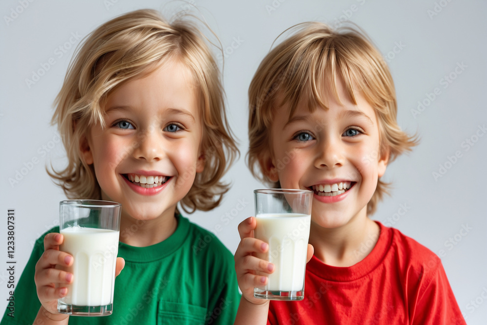 Young Children with Smiling Faces Holding Glass Young Children with Smiling Faces Holding Glass