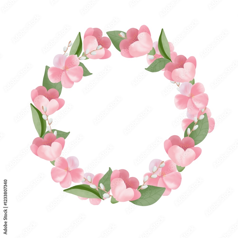 Elegant floral wreath with soft pink blossoms and green leaves on a white background. Perfect for wedding invitations, spring designs, and decorative frames Elegant floral wreath with soft pink blossoms and green leaves on a white background. Perfect for wedding invitations, spring designs, and decorative frames