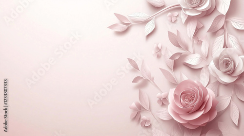 Wedding invitation card template green nature design, Set of three wedding invitation or greeting cards decorated with pink flowers. 