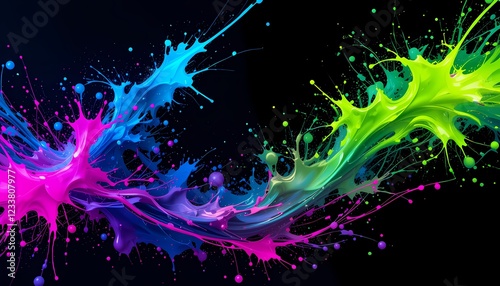 Vibrant neon paint splashes on black background