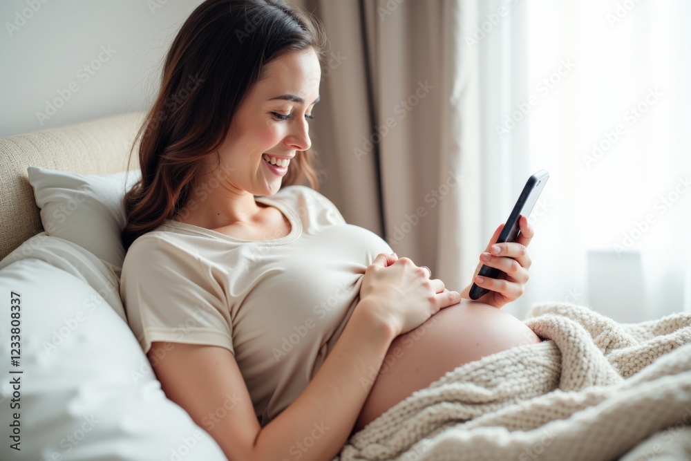 Pregnant Woman Relaxing in Bed While Using Smartphone, Capturing Moments of Anticipation and Joy at Home Pregnant Woman Relaxing in Bed While Using Smartphone, Capturing Moments of Anticipation and Joy at Home