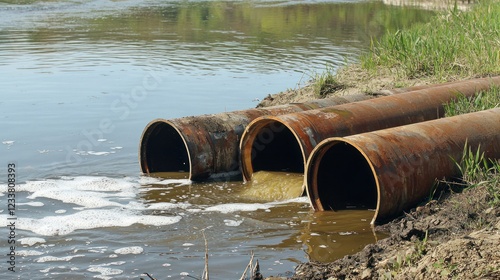 Rusty Pipes Discharging Wastewater Into Calm River Waters