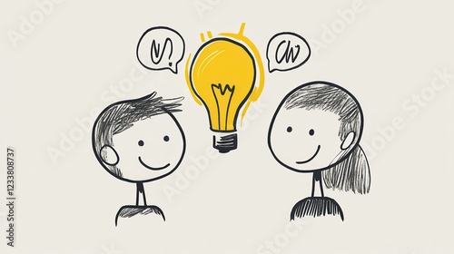 A stick figure illustration featuring a man and woman engaged in questioning and reasoning, symbolizing creative insight and problem-solving. photo