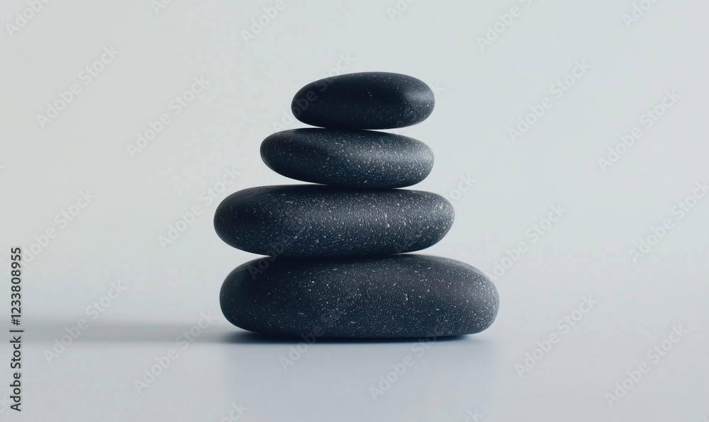 Stacked black stones symbolizing balance, tranquility, and harmony in minimalist design Stacked black stones symbolizing balance, tranquility, and harmony in minimalist design