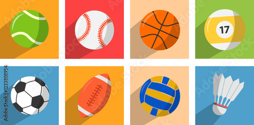 Balls icon set for various sports games, realistic vector illustration set. Exercising inventory for sportsmen flat objects on multicolored background.